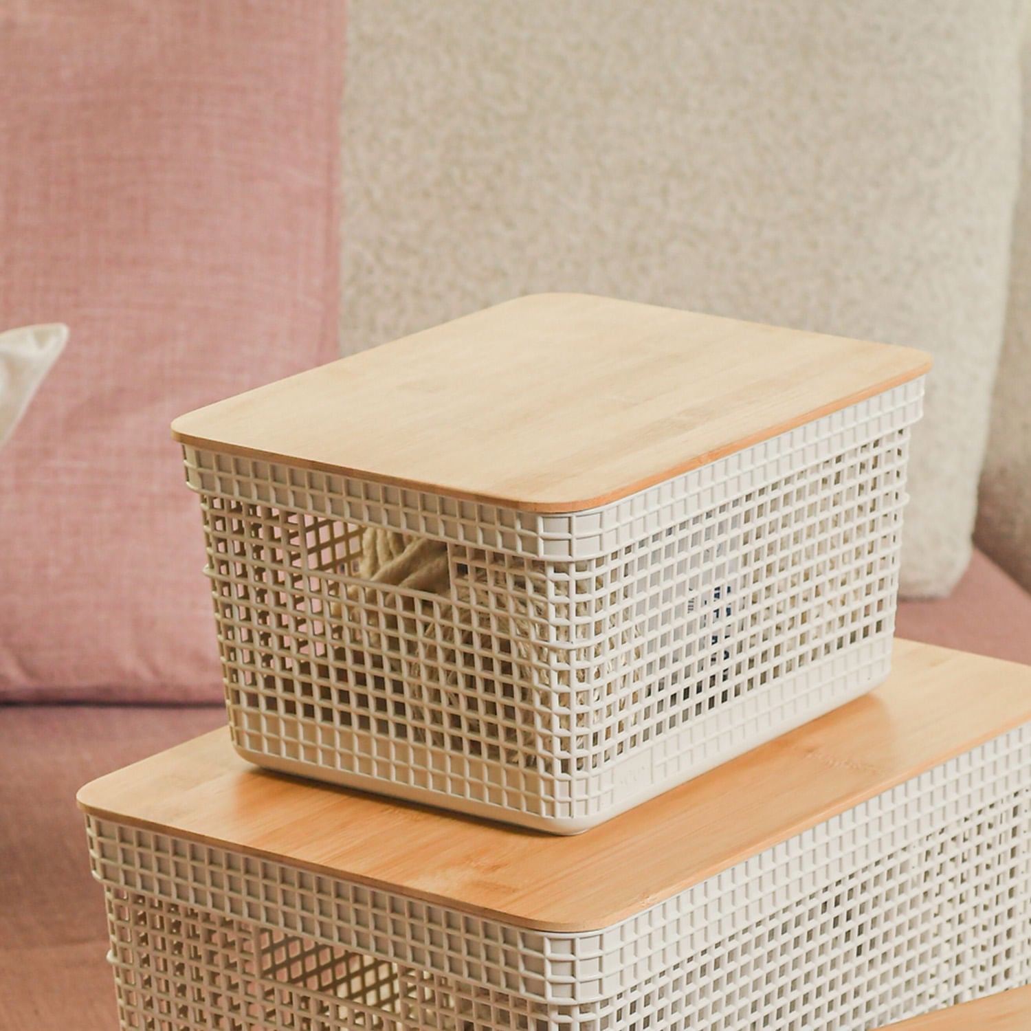 Kit de cestos organizadores com tampa de bambu Ou 3 peças Linha Grid