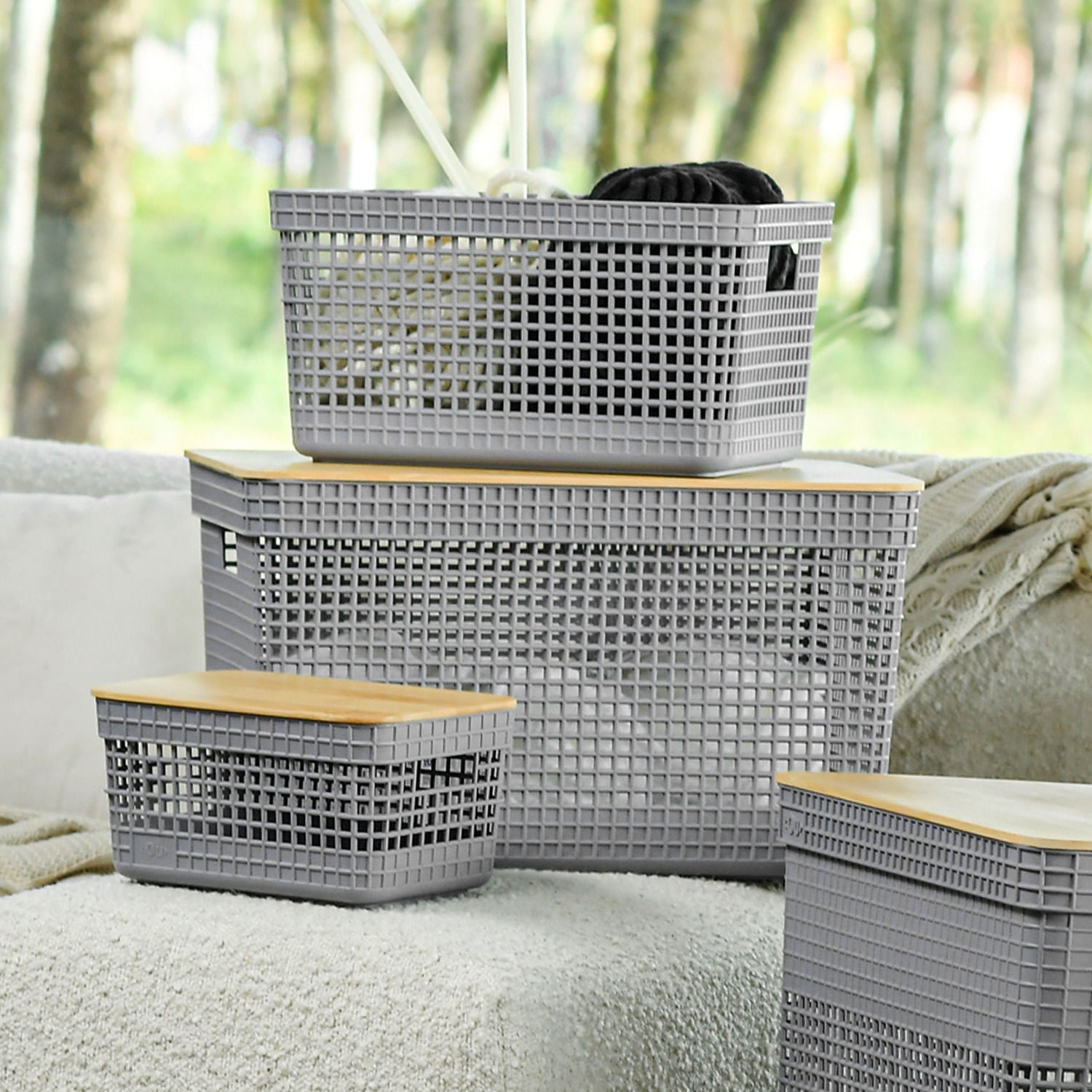 Kit de cestos organizadores com tampa de bambu Ou 3 peças Linha Grid